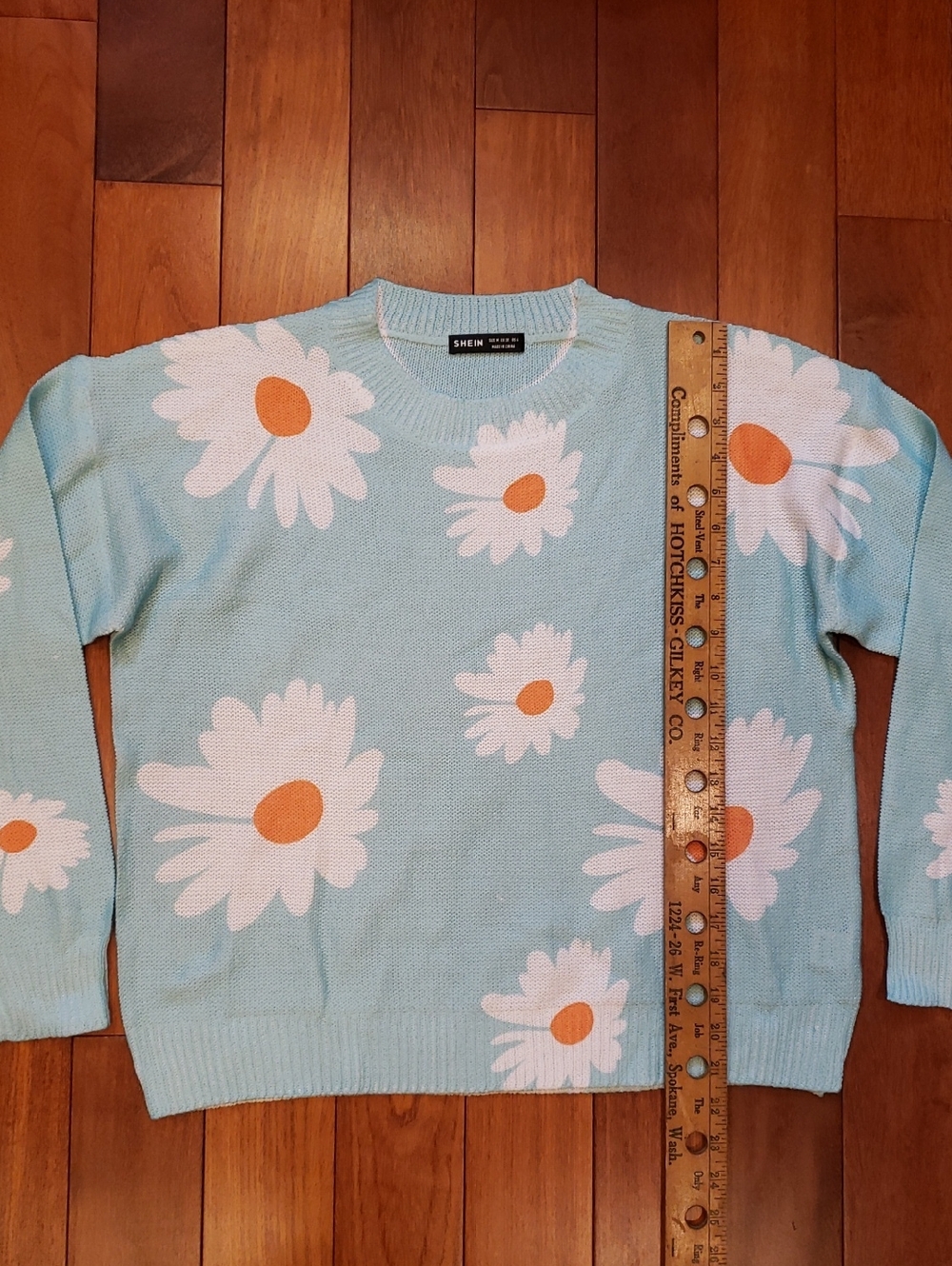 SHEIN Sky Blue Daisy Crewneck Sweater with White & Orange Floral Accents - Picture 3 of 8